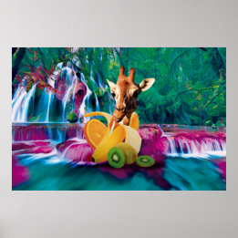 Poster Giraffe in a Banana with orange and Kiwi Fruits