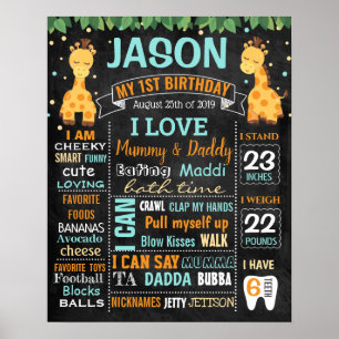 Poster Giraffe Jungle zoo Premier Anniversaire Chalkboard