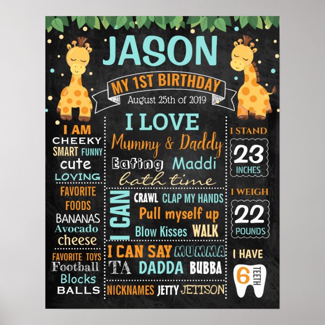 Poster Giraffe Jungle zoo Premier Anniversaire Chalkboard (Devant)
