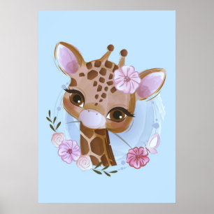 Poster Giraffe Lover mignonne Baby Giraffe à la Fleur