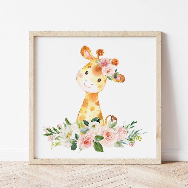 Poster Giraffe, Safari, Fleurs roses, Nourriture pour fil (Créateur téléchargé)