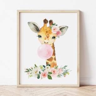 Poster Giraffe, Safari, gomme à bulles roses, infirmière 