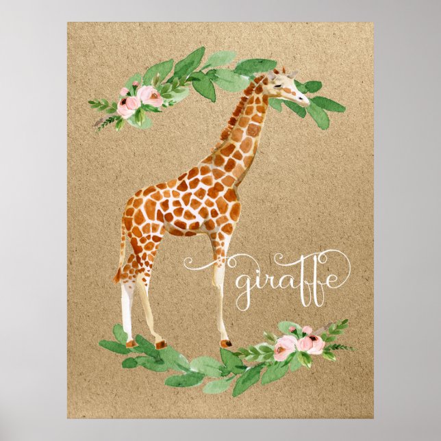 Poster Giraffe Safari rose Floral Girl's Nursery Art (Devant)