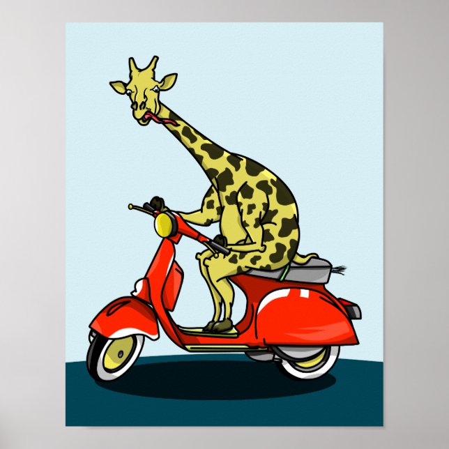 Poster Giraffe sur un cyclomoteur rétro (Devant)