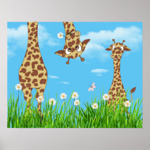 Poster Giraffes en herbe avec nuages