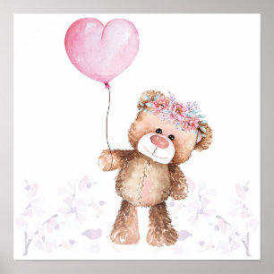 Poster - Girl-Baby-Bär mit Ballon