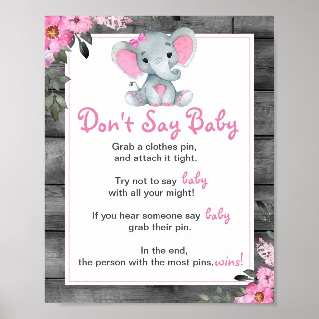 Poster Girl Elephant Ne pas dire Baby Girl Shower Jeu (Devant)