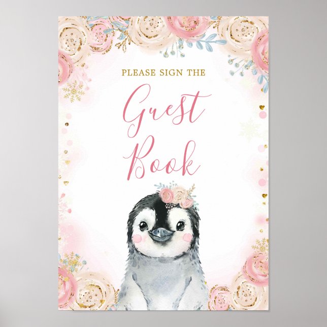 Poster Girl Penguin Winter Snowflake Livre d'invité (Devant)