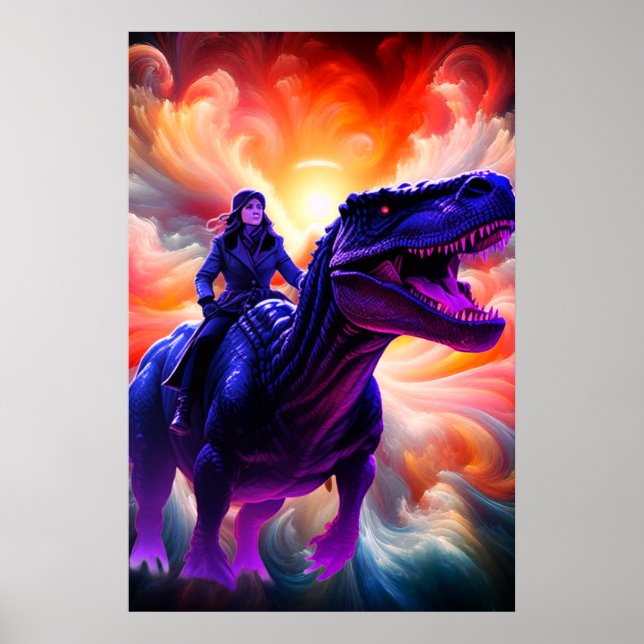 Poster Girl Riding Dinosaur for Adults + Kid's Wall Room (Devant)