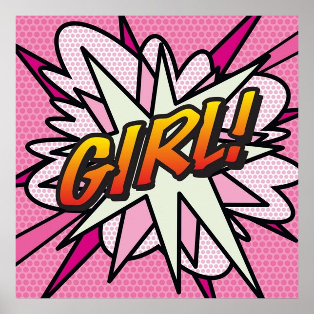 Poster GIRL rose mignonne bande dessinée Fun Superhero Gr (Devant)