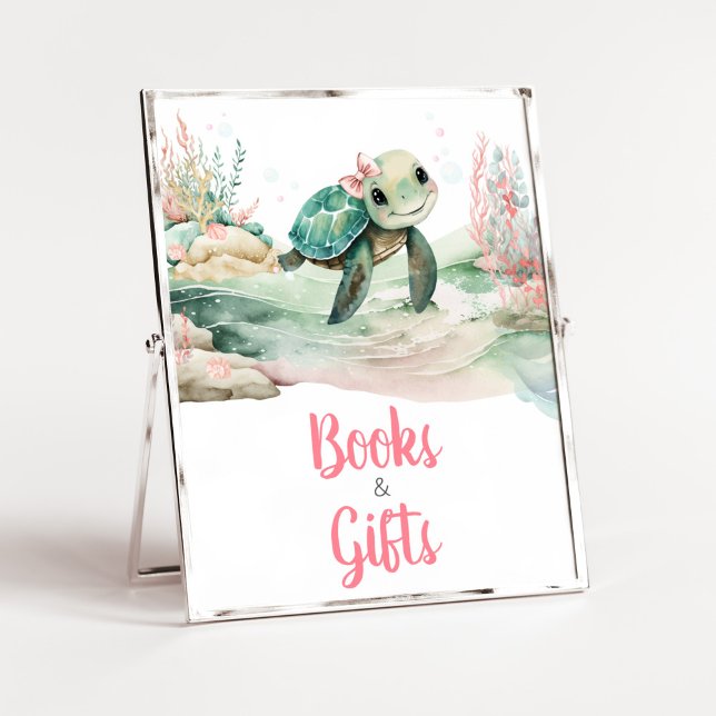 Poster Girl Sea Turtle Baby showers Livres et cadeaux (A Little Hatching Is On the Way Baby Shower Books and Gifts Sign)