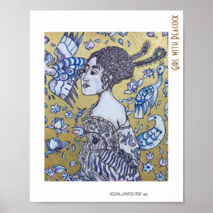 Poster Girl with Peacock golden and ink drawing portrait