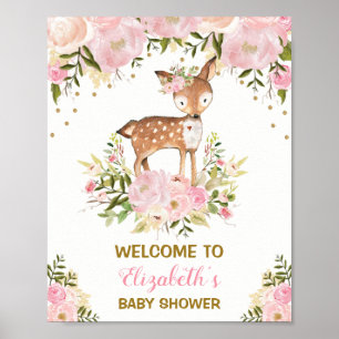Poster Girly Deer Baby Shower Pink Floral Welcome Sign