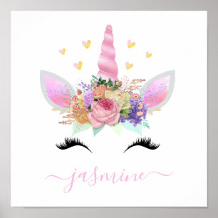 Poster Girly Unicorn Pink Floral Script Name
