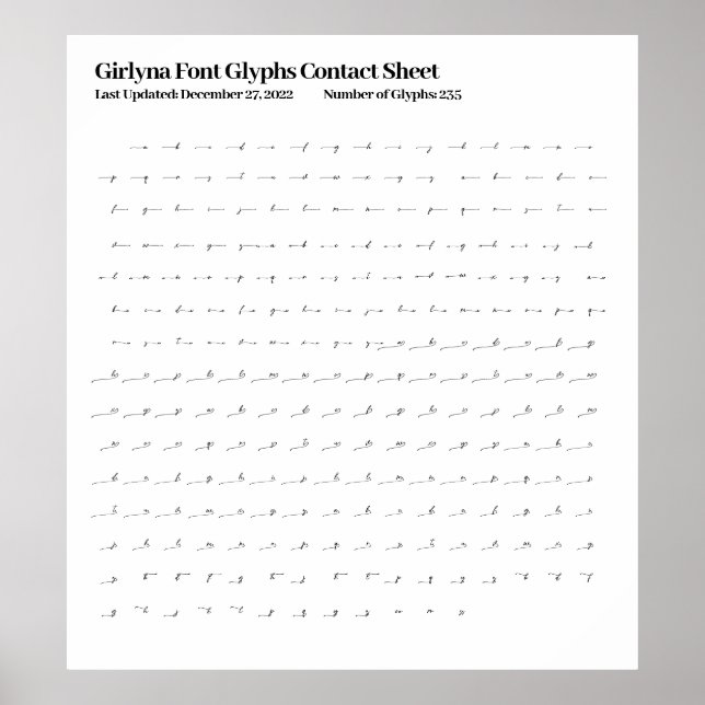 Poster Girlyna Font Glyphes Contact Feuille (Devant)