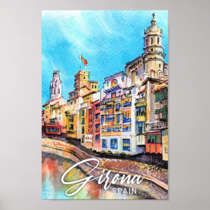Poster Girona Espagne Aquarelle Peinture Voyage