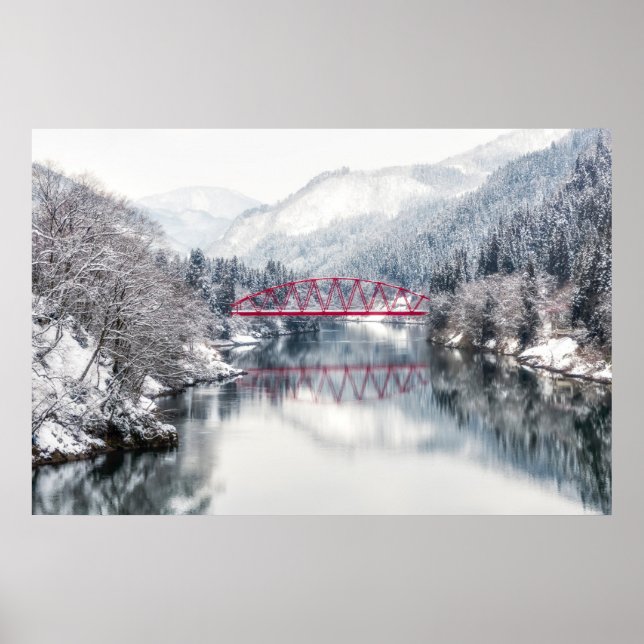 Poster Glace et neige | Pont rouge en hiver, Japon (Devant)