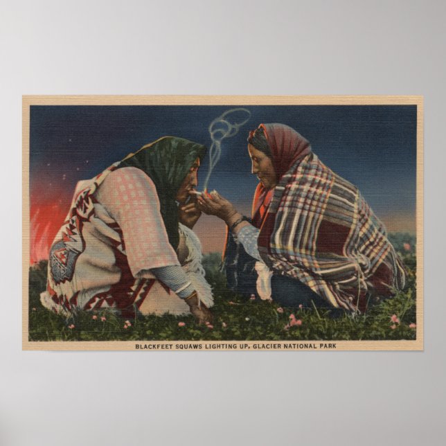 Poster Glacier, MT - Deux Autochtones Pieds-Noirs fument (Devant)
