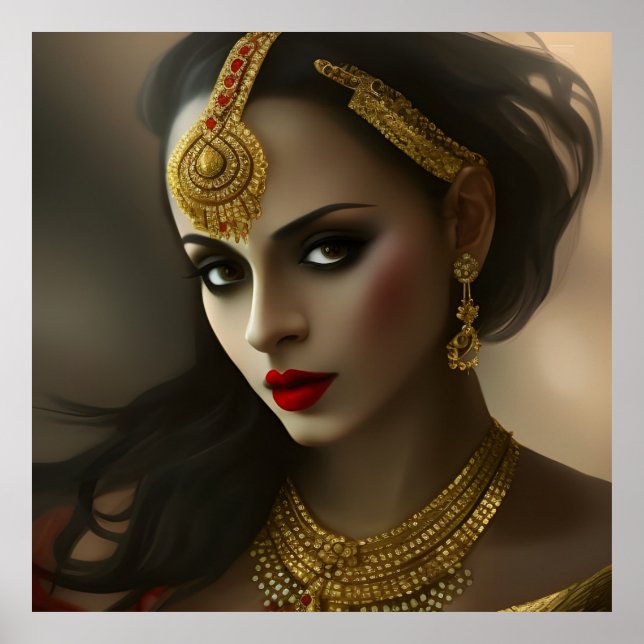 Poster Glam Asiatique Indien Belle femme Gemmes exotiques (Devant)