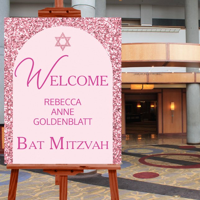 Poster Glam Pink Elegant Chic Bat mitzvah Bienvenue (The perfect Bat Mitzvah welcome sign to greet your guests at the venue)