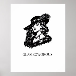 Poster Glam Woman with Cat Fashion Illustration