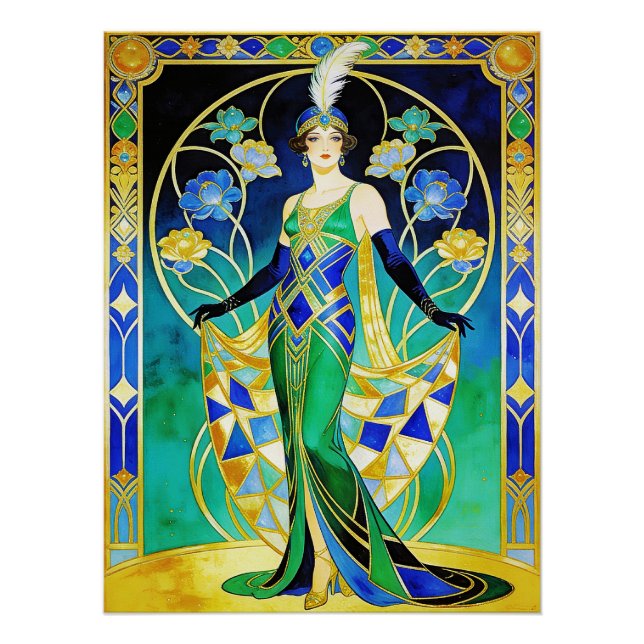 Poster Glamorous Art Deco Siren in Blue and Green Poster. (Devant)