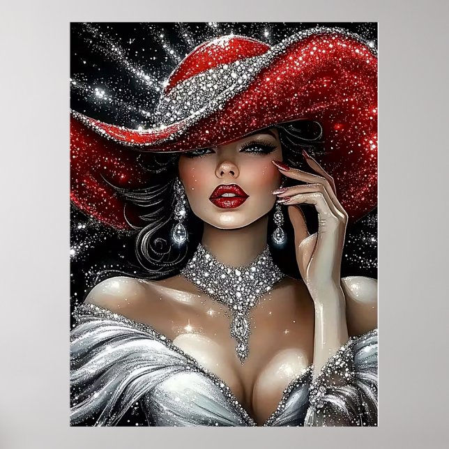 Poster Glamorous Sparkle Lady in Red Hat (Devant)