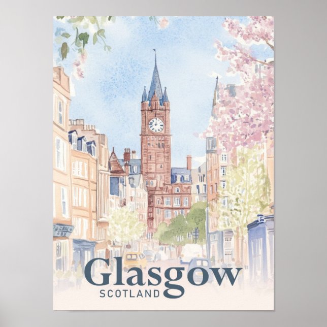 Poster Glasgow Écosse Aquarelle Peinture Voyage (Devant)