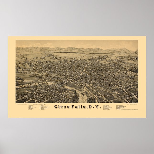 Poster Glens Falls, NY Carte panoramique - 1884 (Devant)