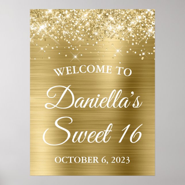 Poster Glitterie brillante Pale Or Foil Sweet 16 Bienvenu (Devant)
