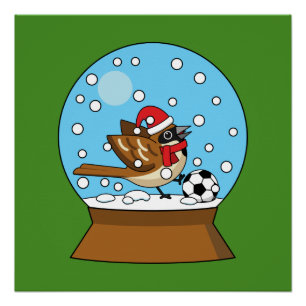 Poster Globe de neige avec un moineau mignon jouant au so