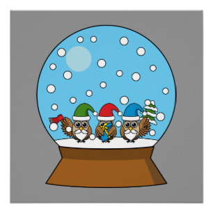 Poster Globe des neiges avec trois Chouettes Gnomes