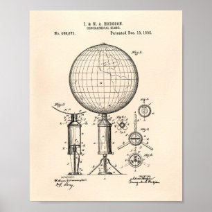 Poster Globe géographique 1892 Art breveté Vieux poivre