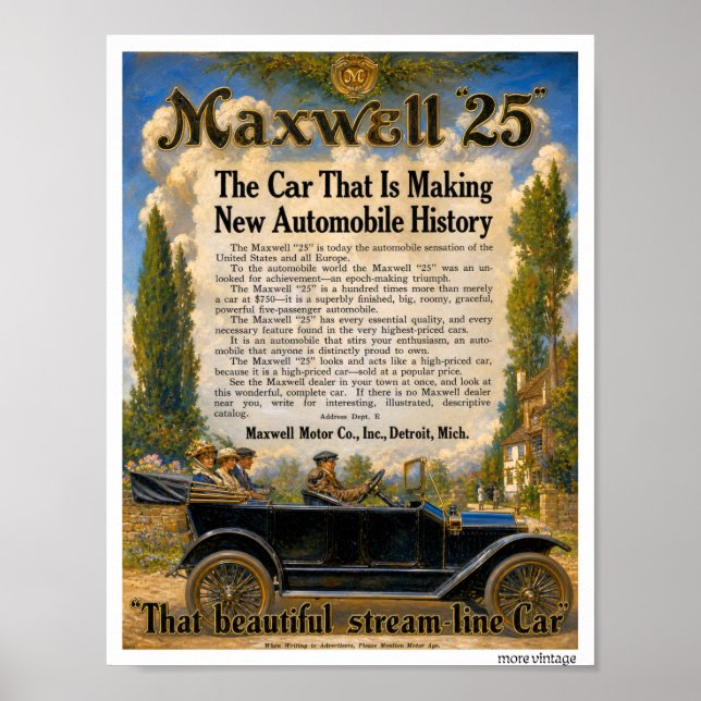 Poster glorieuse PUBLICITÉ EN COULEURS AUTO MAXWELL c1925 (Devant)
