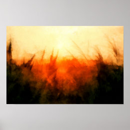 Poster Glowing wheat field in orange sunset Landscape