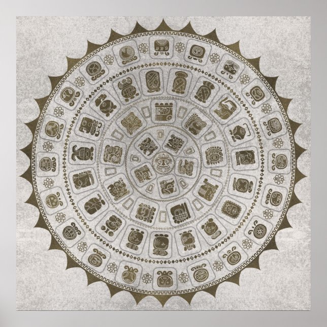 Poster Glyphes du calendrier maya texture dorée sur pierr (Devant)