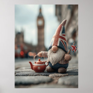 Poster Gnome britannique avec Casquette Union Jack et thé