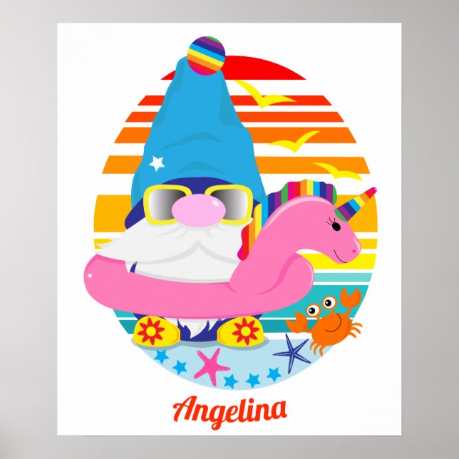 Poster Gnome de plage mignon avec gonflable licorne (Devant)