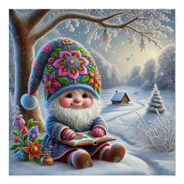 Poster Gnome d'hiver dans un paysage d'hiver cosy (Devant)