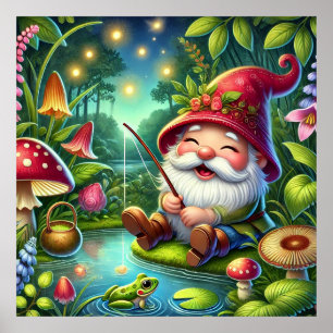 Poster Gnome Fantaisiste Pêchant dans une Forêt Magique