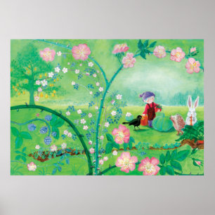 Poster Gnome jardiner, Blackbird, Hérisson et lapin blanc
