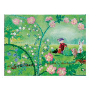 Poster Gnome jardiner, Blackbird, Hérisson et lapin blanc