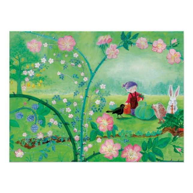 Poster Gnome jardiner, Blackbird, Hérisson et lapin blanc (Devant)