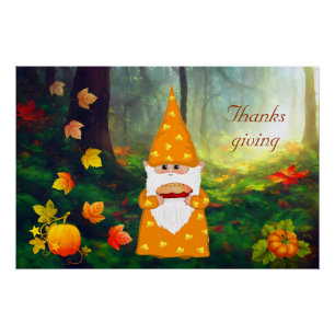 Poster Gnome mignonne, Citrouilles et feuilles d'automne 