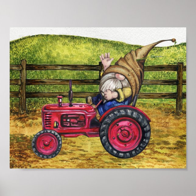 Poster Gnome sur Tractor Farm Paysage de campagne (Devant)