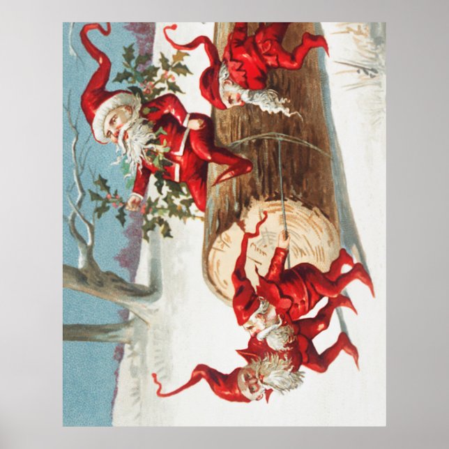 Poster Gnomes dragging a cut tree trunk through the snow (Devant)