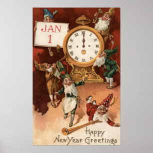 Poster Gnomes Partying autour d'une horloge