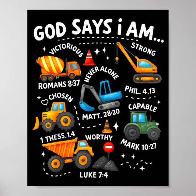 Poster God Says I Am Christian Bible Verses Boys Construc (Devant)