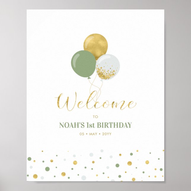 Poster Gold and Sage Balloons Boy 1st Birthday Welcome (Devant)