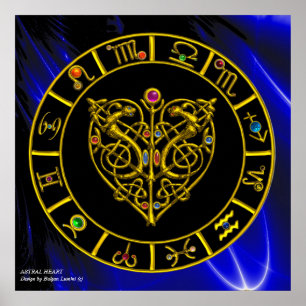 Poster GOLD ASTRAL COEUR ZODIAC SIGNES Bleu Noir